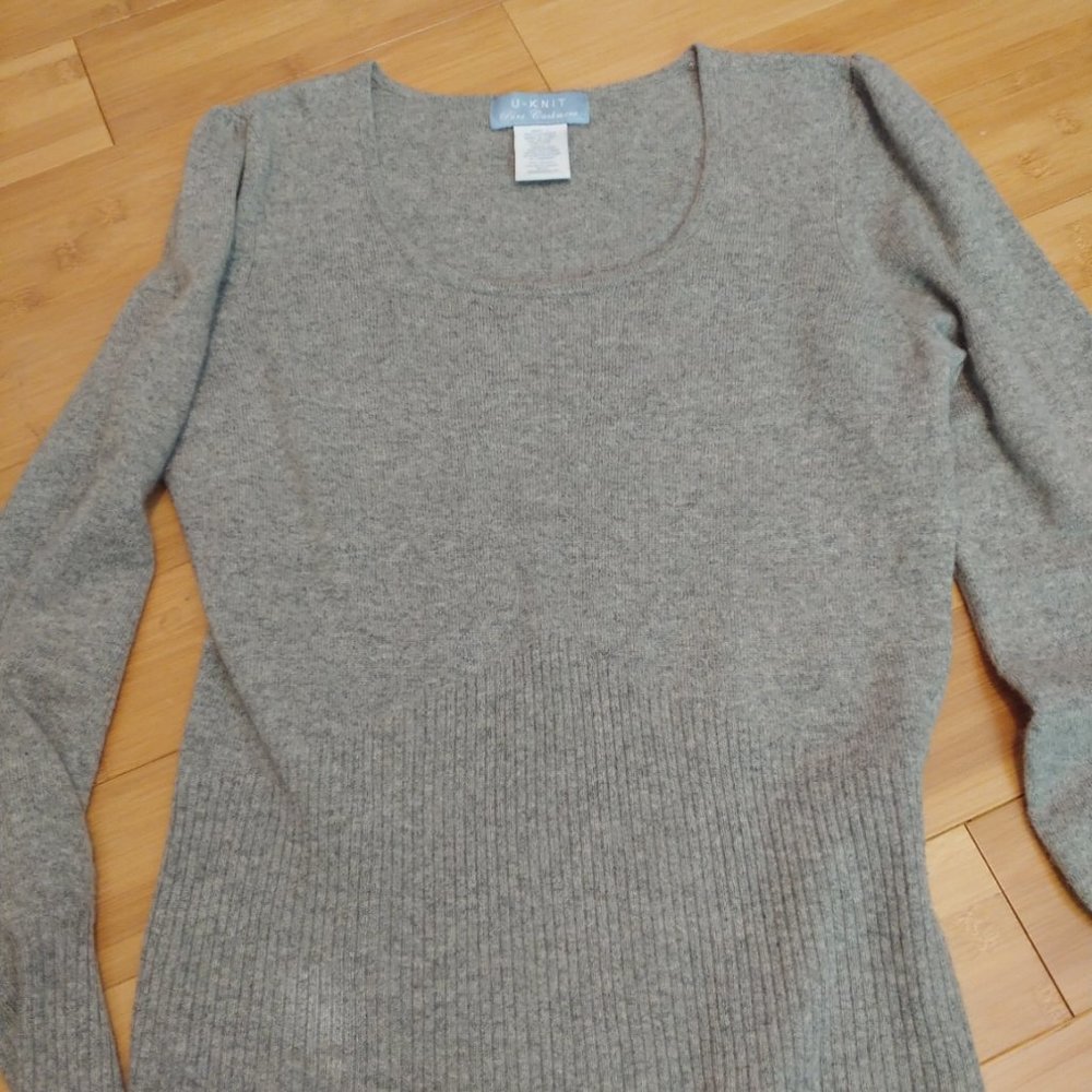 U-Knit Gray Cashmere Sweater Puff Shoulder Large